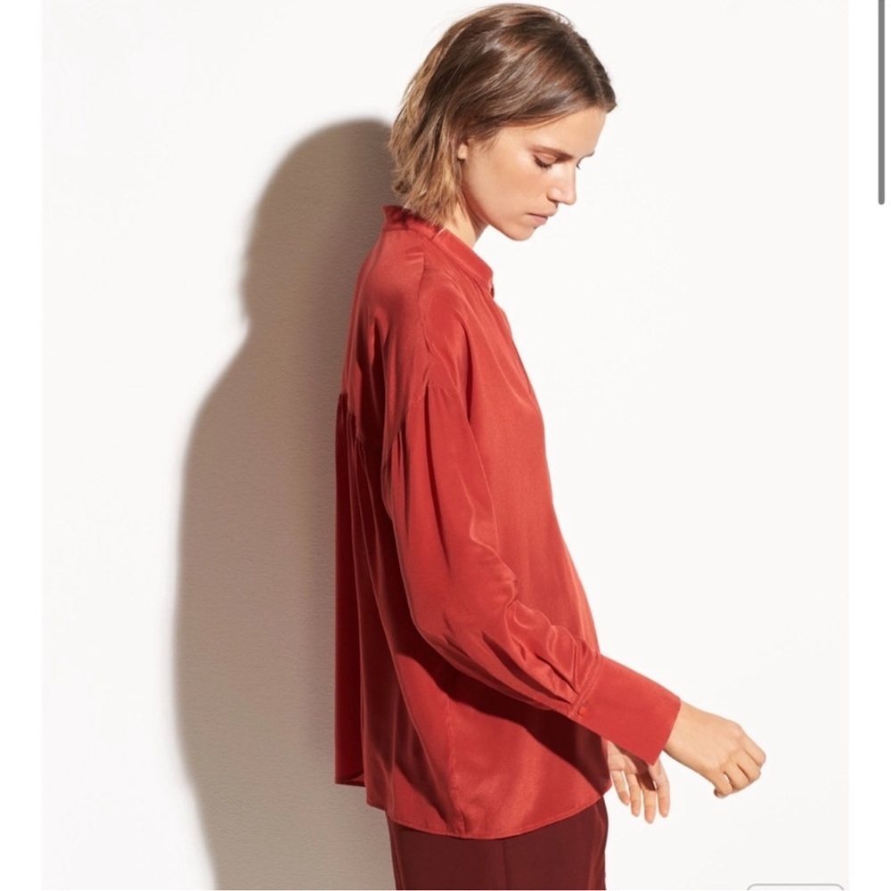 Vince Silk Band Collar Blouse Adobe Red Long Sleeve Minimalist Size M - Picture 3 of 12